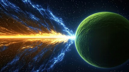 A visually striking astrophotography-inspired digital art of a green planet with a black hole at its center in space