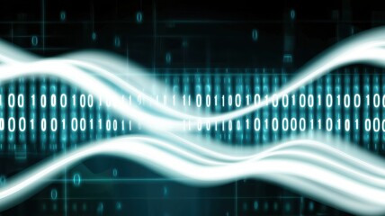 Hightech coding background with digital technology. Abstract digital waves with binary code on a dark background, symbolizing data flow and technology.