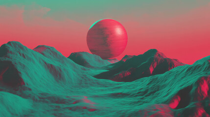Wall Mural - Surreal landscape with floating sphere at sunset