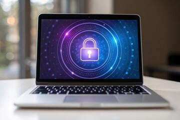 hightech coding background with digital technology. laptop displaying a digital padlock symbol on a 