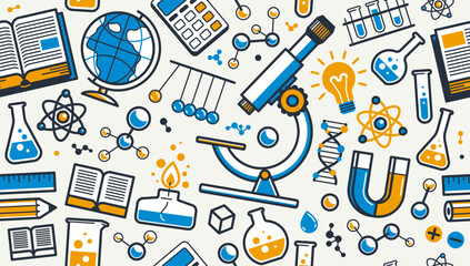 Science seamless background, vector tiling endless repeat pattern of different sciences like chemistry and physics, geography and math, elements easy to use separately as an icons or illustrations.