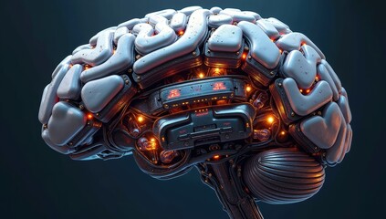 Artificial intelligence brain in detailed cyborg mechanisms with digital technological background