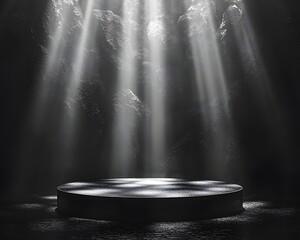Wall Mural - sleek black podium with reflective surfaces surrounded by subtle beams of spotlight in dark studio s