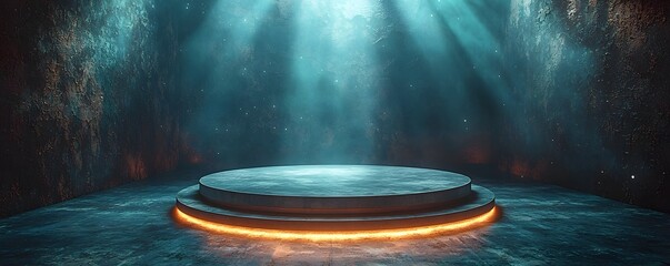 Wall Mural - Futuristic Glowing Levitating Disc Podium in Outer Space with Earth Backdrop for Product Display