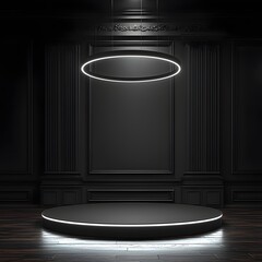 Wall Mural - Illuminated Modern Podium in High Tech Exhibition Room with Empty Copy Space