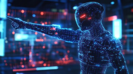 Futuristic robot pointing in a city background.  Possible stock photo use