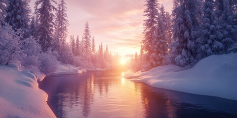 Wall Mural - river running through snowy forest