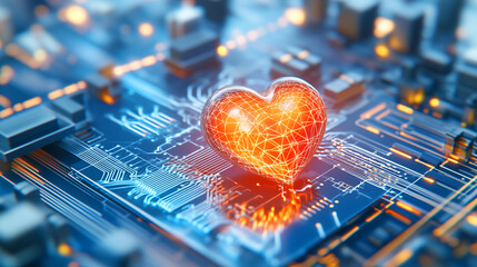 Wall Mural - a heart shape made of glowing lines sits on a circuit board, symbolizing the connection between tech
