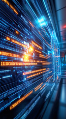 Wall Mural - bright lines of code and data streams illuminate a sleek, modern corridor, creating a dynamic repres