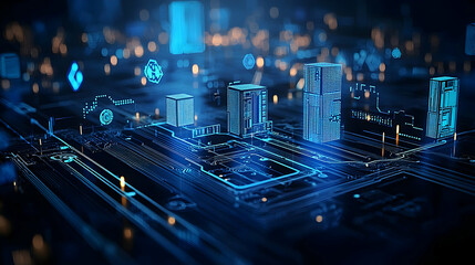 Abstract circuit board with digital data nodes and blue light on a dark background illustrating modern technology