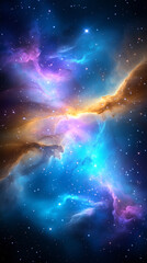 Wall Mural - This stunning cosmic nebula showcases a blend of swirling colors, with vibrant blues, purples, and golds illuminating the vastness of space