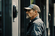 © Starmarpro - A focused man in a cap interacts with a modern digital access control system on a building exterior. The scene blends technology with everyday life, showing secure access.
