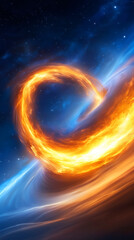 Wall Mural - A vibrant cosmic phenomenon displays bright orange flames twisting through a blue and black galaxy. The scene captures the beauty and energy of a stellar event in deep space