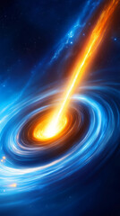 Wall Mural - A striking cosmic illustration features a swirling galaxy surrounding a black hole, with an intense orange beam shooting outward. The scene captures the beauty and mystery of space
