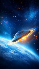 Wall Mural - A futuristic spaceship is positioned just above Earth’s atmosphere, surrounded by shimmering stars and colorful cosmic elements. The ship features glowing rings that emit a radiant light