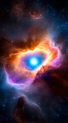 Wall Mural - A stunning nebula features a mix of vibrant colors including blue, purple, and orange, with bright light at its center