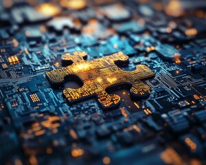 Wall Mural - puzzle pieces with detailed digital circuits, representing the interconnected and complex systems of