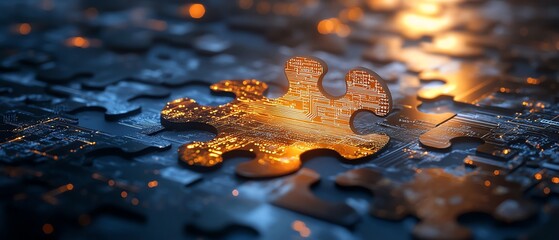 Poster - Puzzle pieces with embedded digital circuits, showcasing the integration and complexity of DevOps in a sleek, modern design