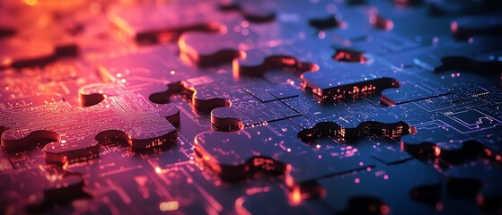 Poster - Puzzle pieces with embedded digital circuits, showcasing the integration and complexity of DevOps in a sleek, modern design