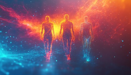 Fototapete - Three glowing digital human figures in a colorful, abstract space, symbolizing data analysis and visualization with energetic, fluid shapes and patterns