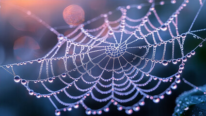 Spider's Web Close-up with Early Morning Dew Drops Glint in Sunlight. Water Drop on Webs Pattern. Nature Background.