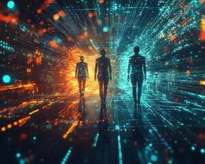 Fototapete - A futuristic scene with three digital human figures, each representing data visualization and analytics, surrounded by a burst of colorful abstract data flows