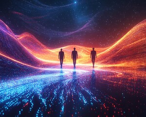 Fototapete - Abstract digital space with three human figures surrounded by flowing data patterns and vibrant colors, symbolizing data visualization and analytics