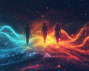 Fototapete - Abstract digital space with three human figures surrounded by flowing data patterns and vibrant colors, symbolizing data visualization and analytics
