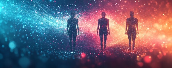 Fototapete - Abstract space with three digital human figures, each symbolizing data analytics and visualization, surrounded by vibrant colors and dynamic shapes