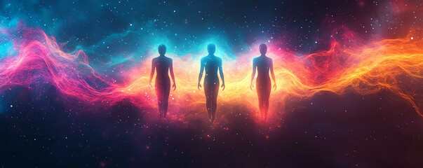 Fototapete - Abstract space with three digital human figures, each symbolizing data analytics and visualization, surrounded by vibrant colors and dynamic shapes