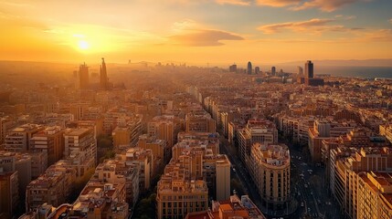 Fototapete - A bird's-eye view of a bustling city at sunset, with warm light illuminating the buildings
