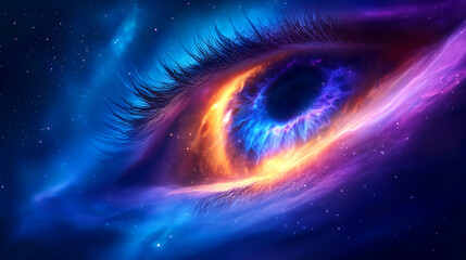 Wall Mural - A dramatic cosmic eye glows with vivid colors, surrounded by swirling galaxies and stars. This captivating vision highlights the connection between humanity and the vast universe