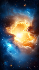 Wall Mural - A vibrant cosmic nebula displays an explosion of orange and blue colors, illuminated by stellar activity. The mesmerizing glow highlights the intricate gas and dust formations in deep space