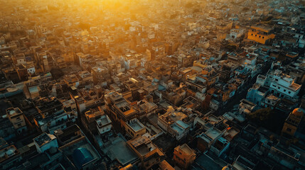 Poster - A bird's-eye view of a bustling city at sunset, with warm light illuminating the buildings