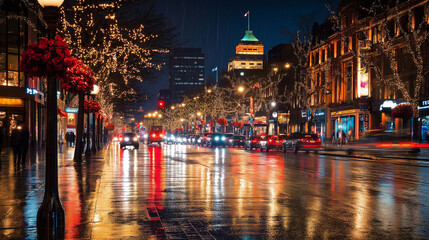 Poster - A cityscape at night, with twinkling lights reflecting on a wet street