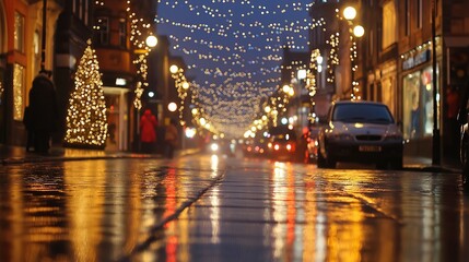Poster - A cityscape at night, with twinkling lights reflecting on a wet street