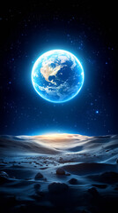 Wall Mural - A luminous blue planet captivates viewers as it hovers above a serene moonlit landscape, surrounded by sparkling stars. The tranquil scene evokes a sense of wonder and exploration