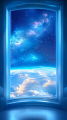 Wall Mural - A stunning twilight view reveals Earth’s curve beneath a star-filled sky, visible through a sleek, futuristic window frame. Ethereal clouds reflect soft light, enhancing this celestial panorama