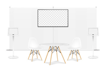 Wall Mural - Trade show booth display kit mock-up. Expo tradeshow set template. Backdrop banner stand with LCD screen monitor, round table, two chairs, digital tablet holders. 3d vector mockup. Easy editable