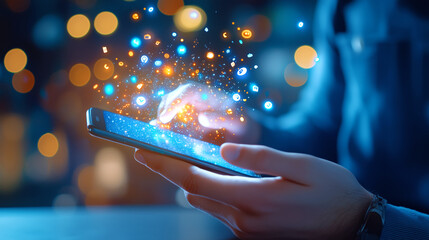 a person is using a smartphone with fingers touching the screen, surrounded by a blur of colorful li