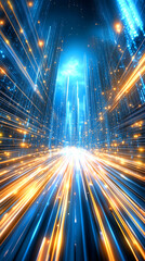 Wall Mural - bright streams of light illuminate a futuristic city, creating an illusion of rapid movement. blue a