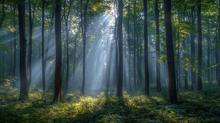  A beautiful forest illuminated by sunbeams filtering through the dense tree canopy above