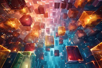 Wall Mural - a square grid of colorful abstract cubes floating in an infinite space, highlighted by soft ambient 