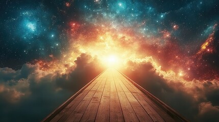 Wall Mural - a bridge of light stretching across an endless sky, leading to paradise glowing archway stands at en
