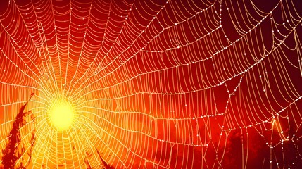 Intricate Spiderweb Glimmering with Dewdrops Under Golden Sunlight in a Vibrant Natural Setting
