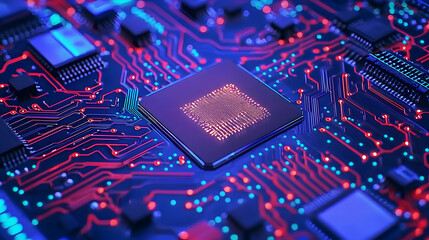 Close Up View Of A Blue And Red Circuit Board With A Central Processor And Illuminated Components