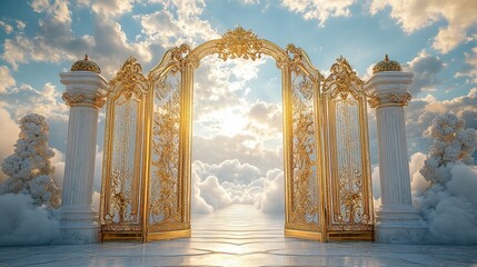 Wall Mural - majestic pearly gates opening to radiant paradise beyond intricately designed golden gates glow with