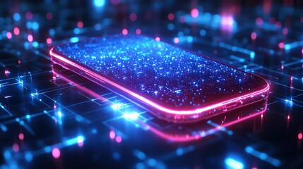 Wall Mural -  Futuristic smartphone glowing with neon blue and pink lights, floating on a digital circuit background, symbolizing innovation, connectivity, and technology.