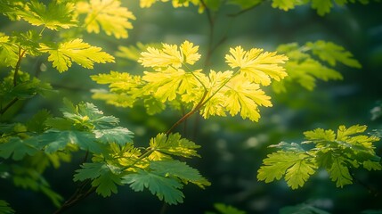 Wall Mural - Closeup of Bright Green Leaves Illuminated by Soft Sunlight in a Lush Forest Setting