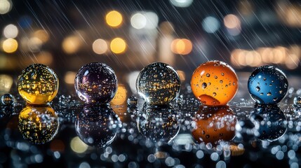 Poster - Raindrops forming symmetrical patterns urban night macro photography wet environment close-up view aesthetic beauty